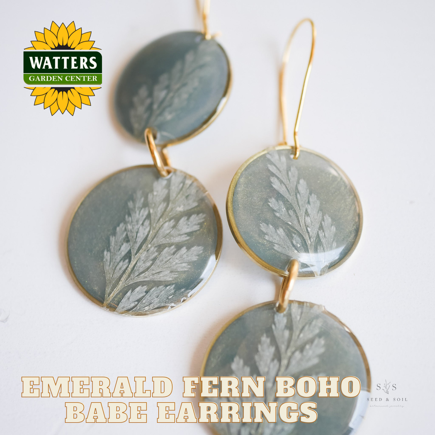 Emerald fern boho babe earrings with Watters Garden Center logo on a white background