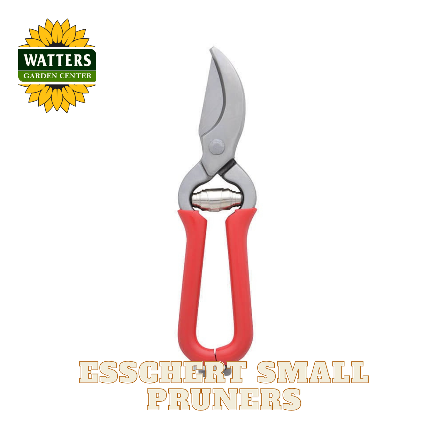 Red handled small esschert pruners on a white background with Watters Garden Center logo.