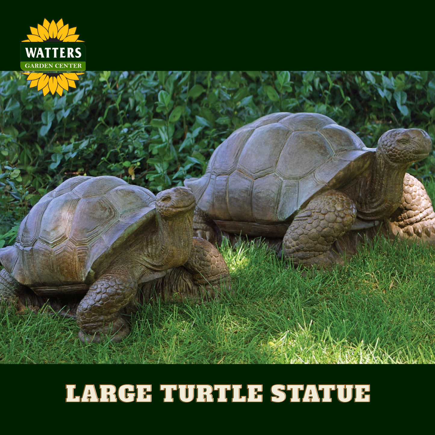 Medium and Large Turtle statues in a green garden.