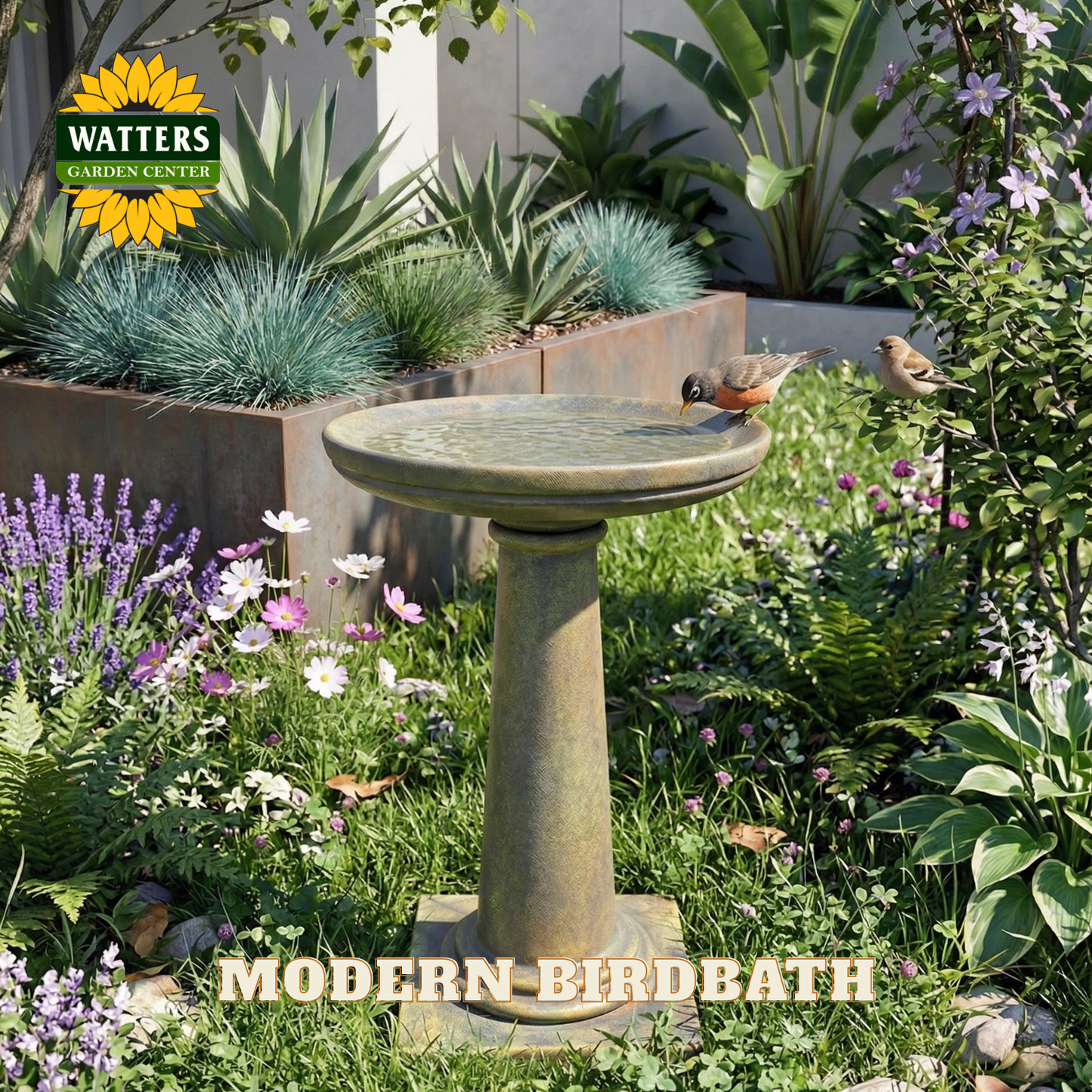 Modern birdbath in a garden setting with plants and flowers, featuring Watters Garden Center branding.