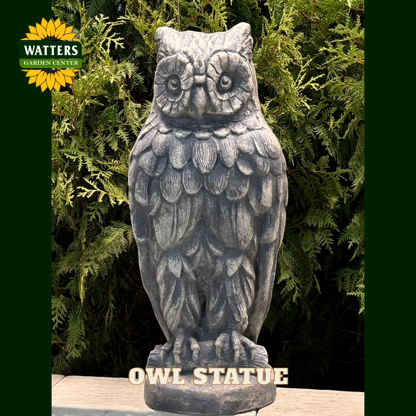 Owl Statue in garden with Watters logo.