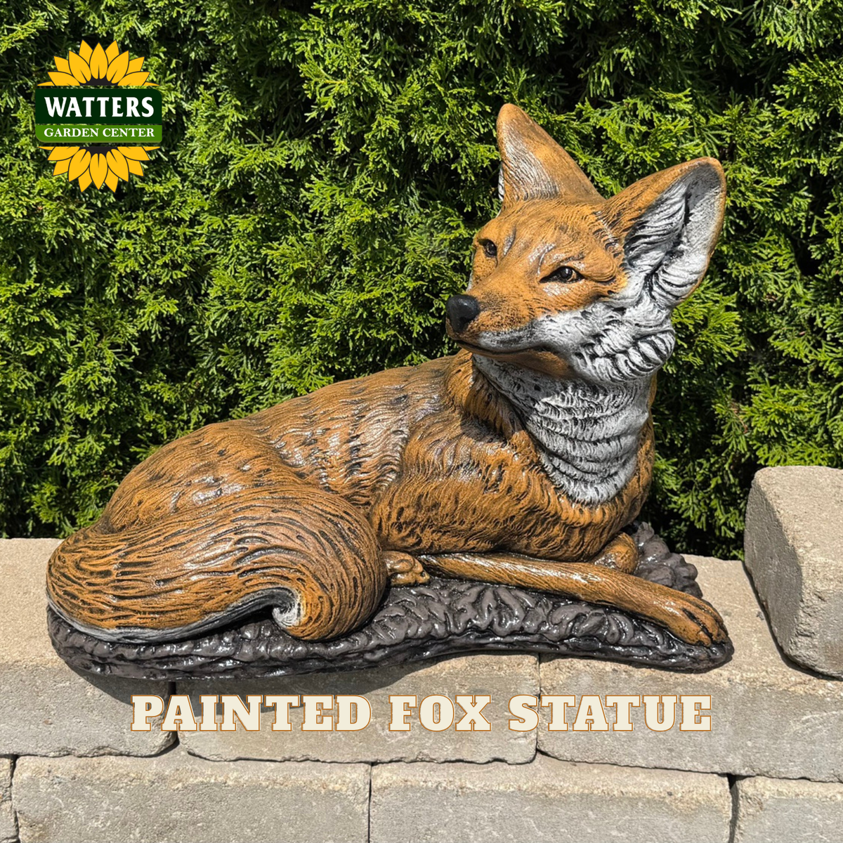 Painted fox statue in a resting pose, shown outdoors on a stone wall with green shrubs behind it. The statue has tan, brown, white, and gray coloring, and the Watters Garden Center logo appears in the top left with the text 'PAINTED FOX STATUE' across the bottom.