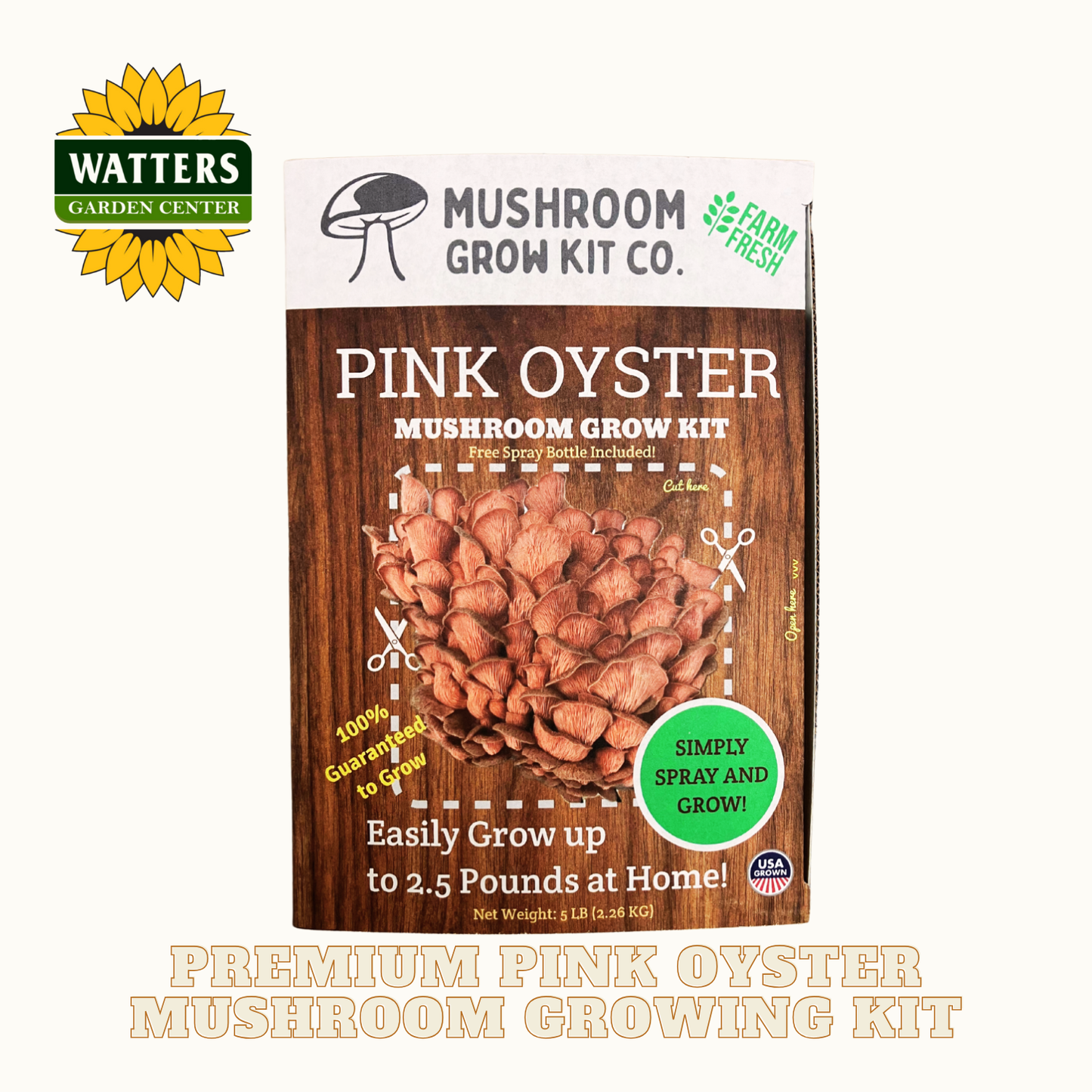 Pink Oyster mushroom grow kit packaging with Watters Garden Center logo