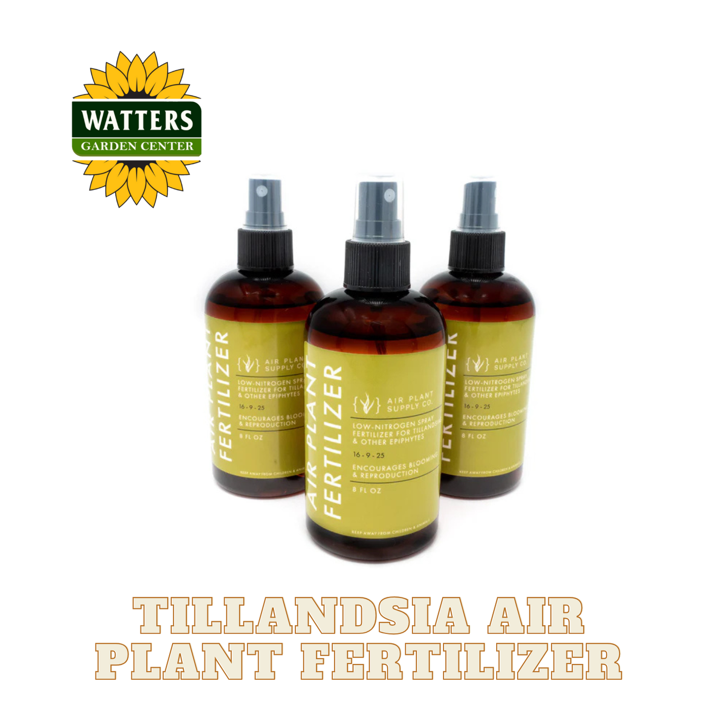 Three bottles of Tillandsia air plant fertilizer with Watters Garden Center logo on a white background.