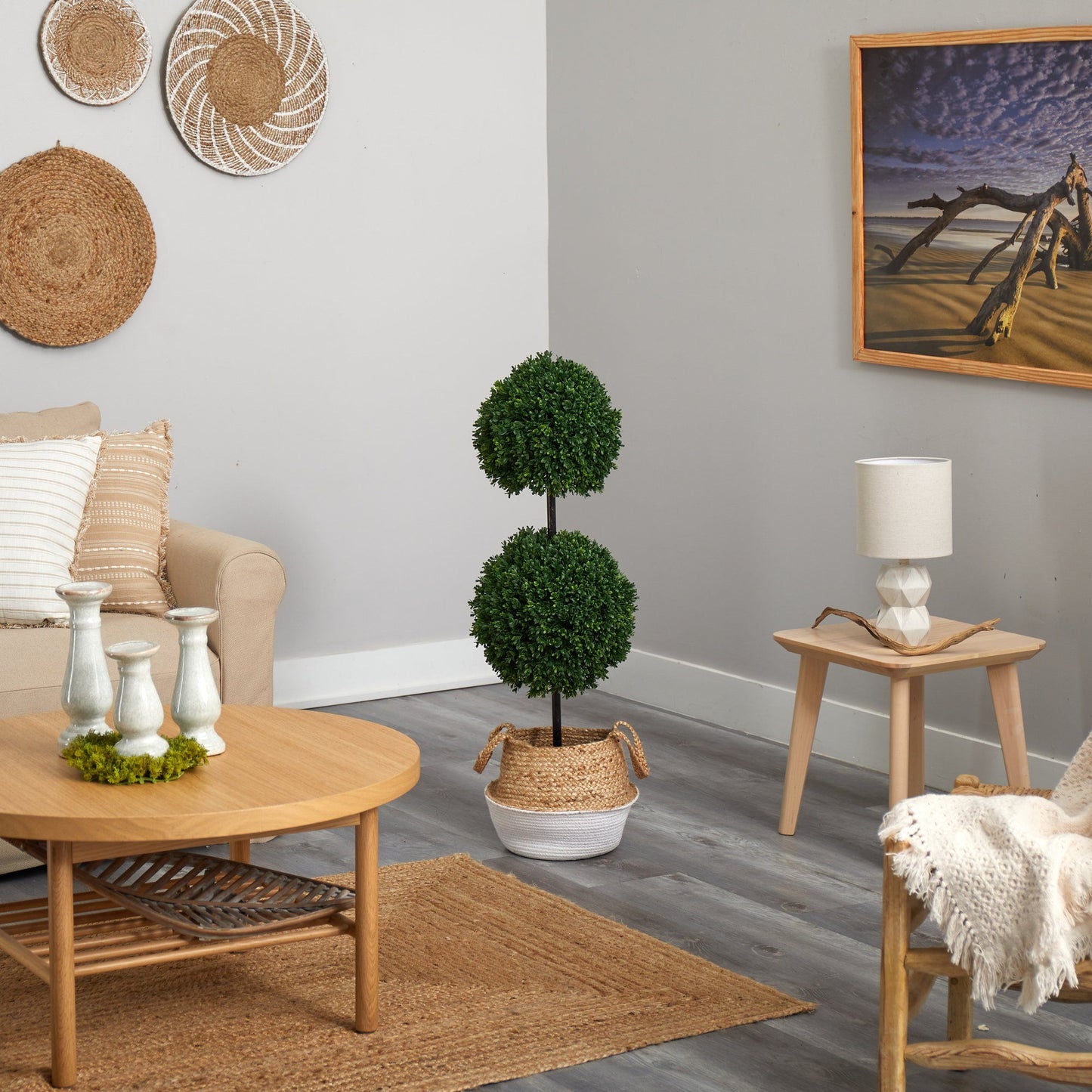 Boxwood Double Ball Topiary Tree in Boho Chic Jute Planter 3.5’