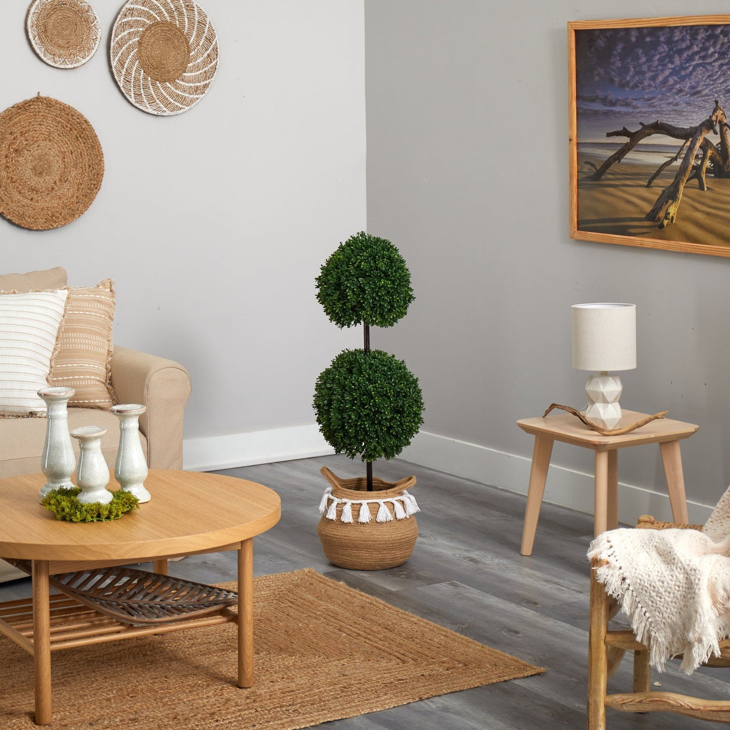 Boxwood Tree Double Faux Topiary in Boho Chic Natural Planter 3.5’