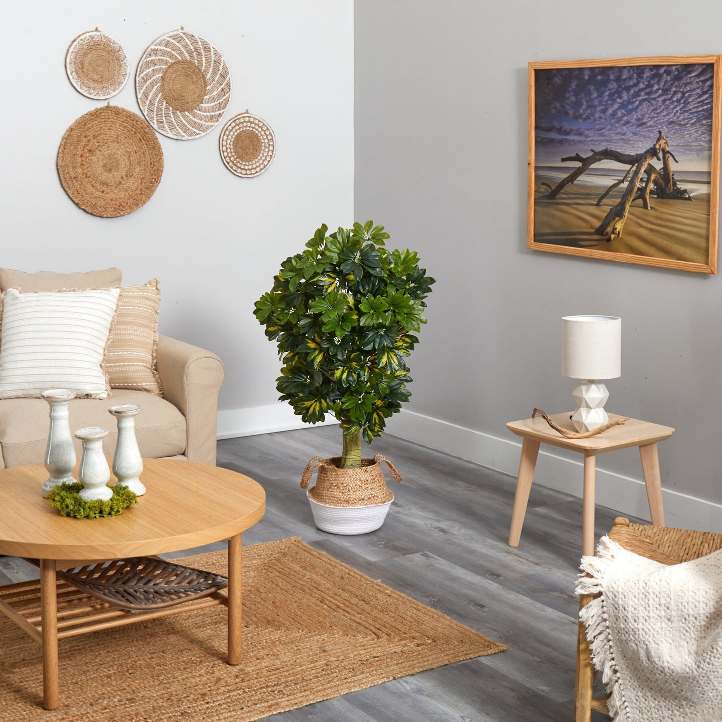 Umbrella Tree Faux in Boho Chic Jute Planter 4’