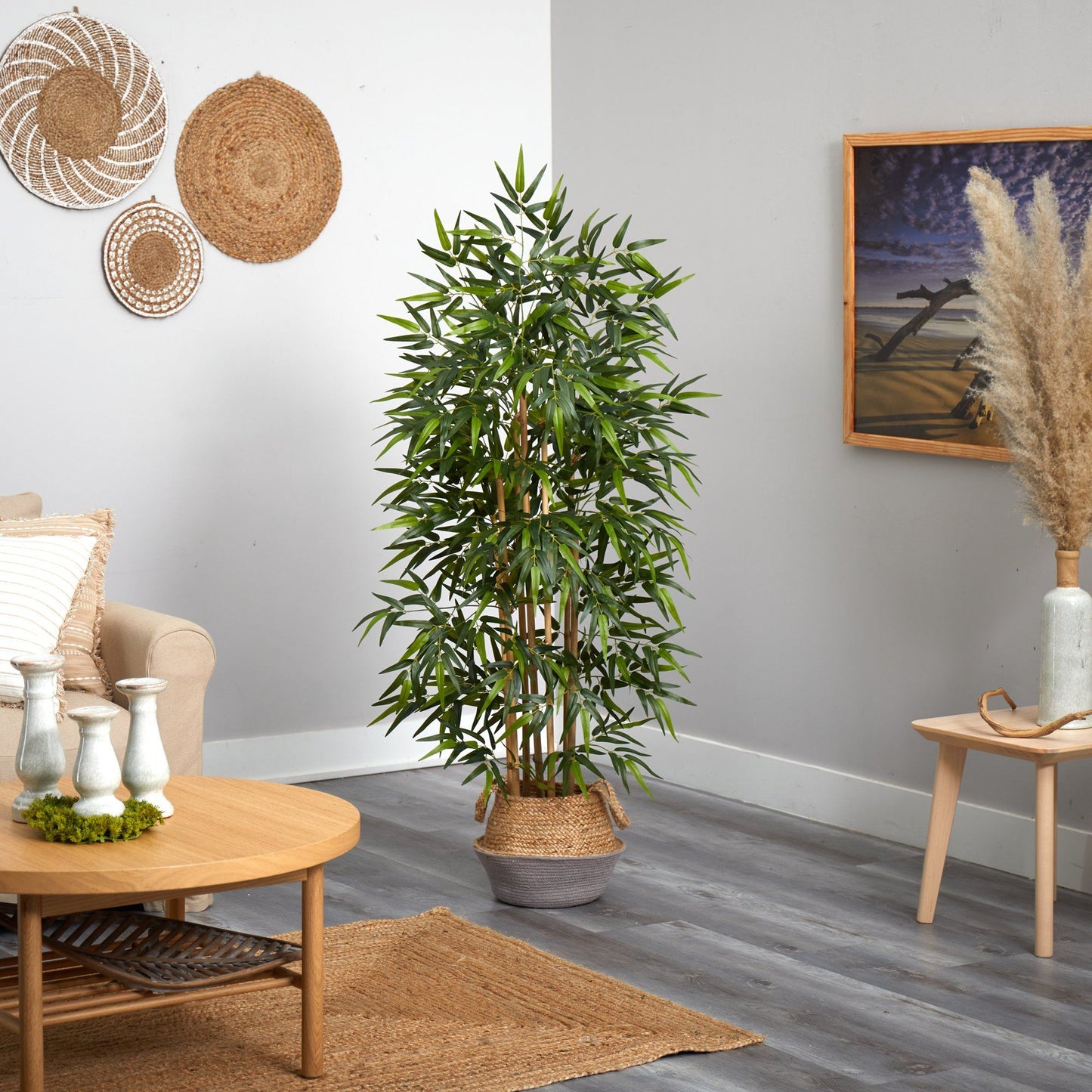 Bamboo Tree with Real Trunks Faux Boho Chic Jute Woven Planter 64"