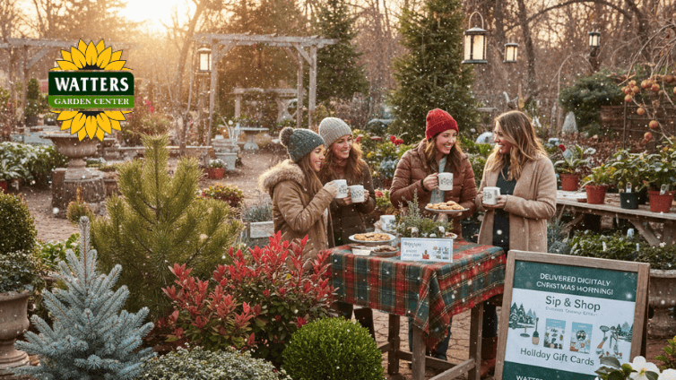 Women Drinking Coffee in a Beautiful Winter Garden Setting 