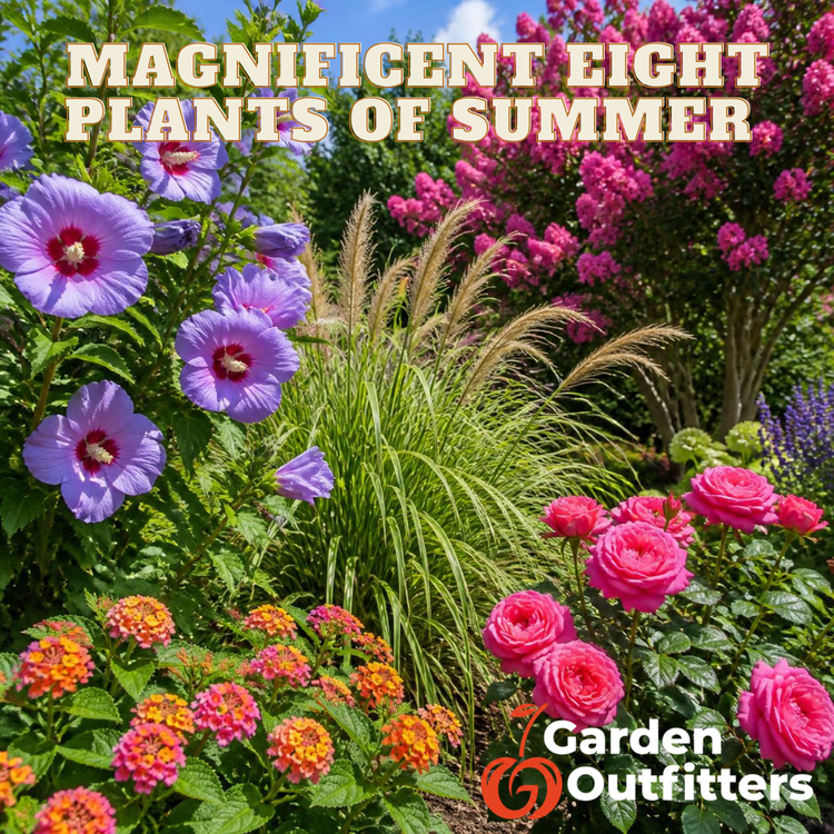 Summer plants on a sunny day with pampas grass, roses, lantana, crape myrtle, and rose of sharon in a garden. Garden Outfitters logo on the lower right corner.