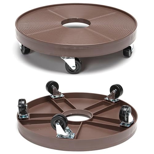 Two brown plastic dolly wheels with wheels on a white background