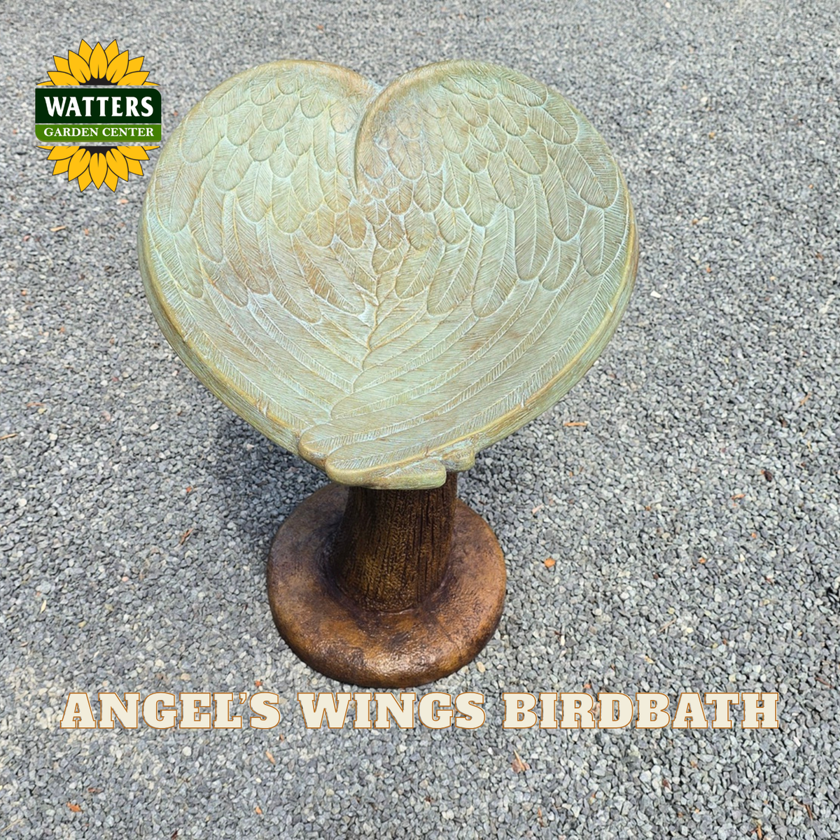 Angels Wings Bird Bath by Watters Garden Center, featuring a heart-shaped top with detailed wing carvings in a light sage green finish, mounted on a round brown pedestal, set on gray gravel.