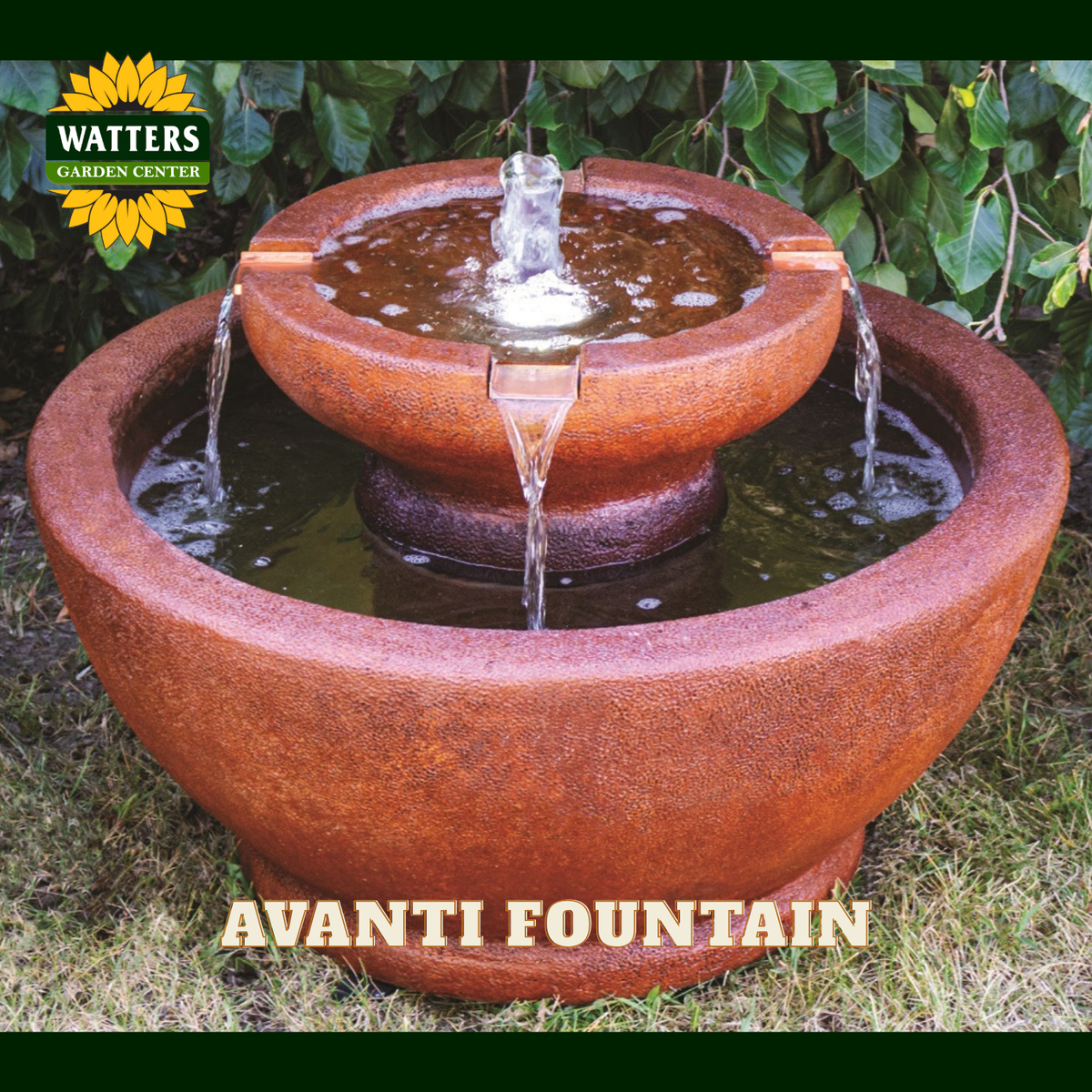 A terracotta-colored two-tier outdoor garden fountain with water flowing from the top tier into the bottom basin. The image includes a Watters Garden Center logo in the top-left corner and the text 'AVANTI FOUNTAIN' at the bottom.