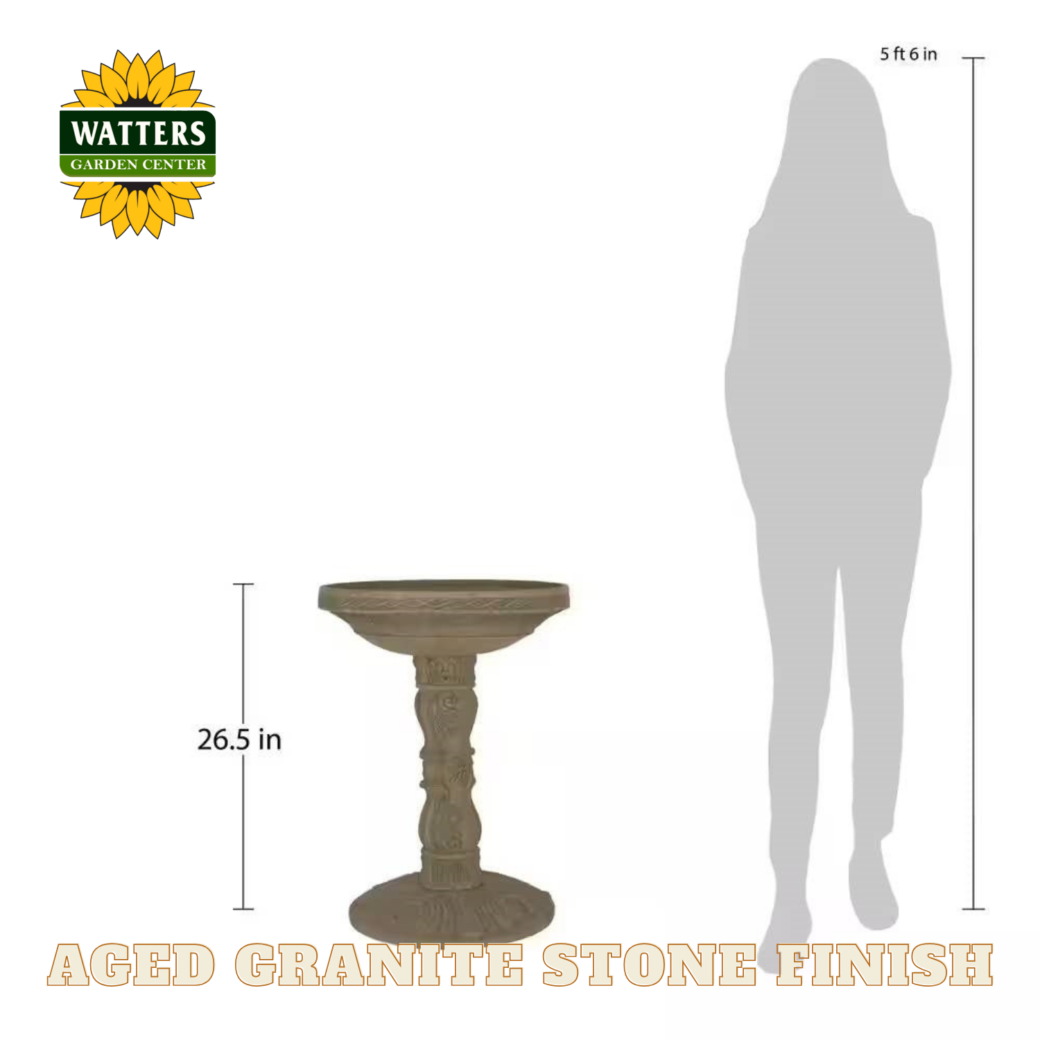 Bird bath with dimensions and Watters Garden Center branding