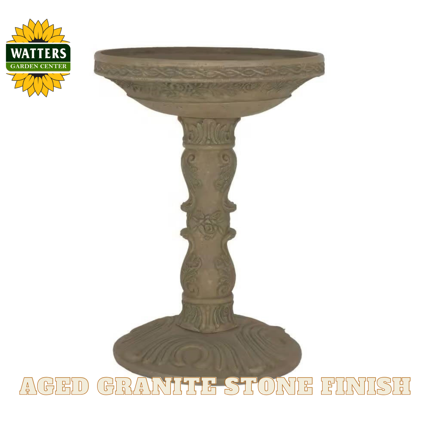 Decorative bird bath with aged granite stone finish on a white background, featuring Watters Garden Center logo.