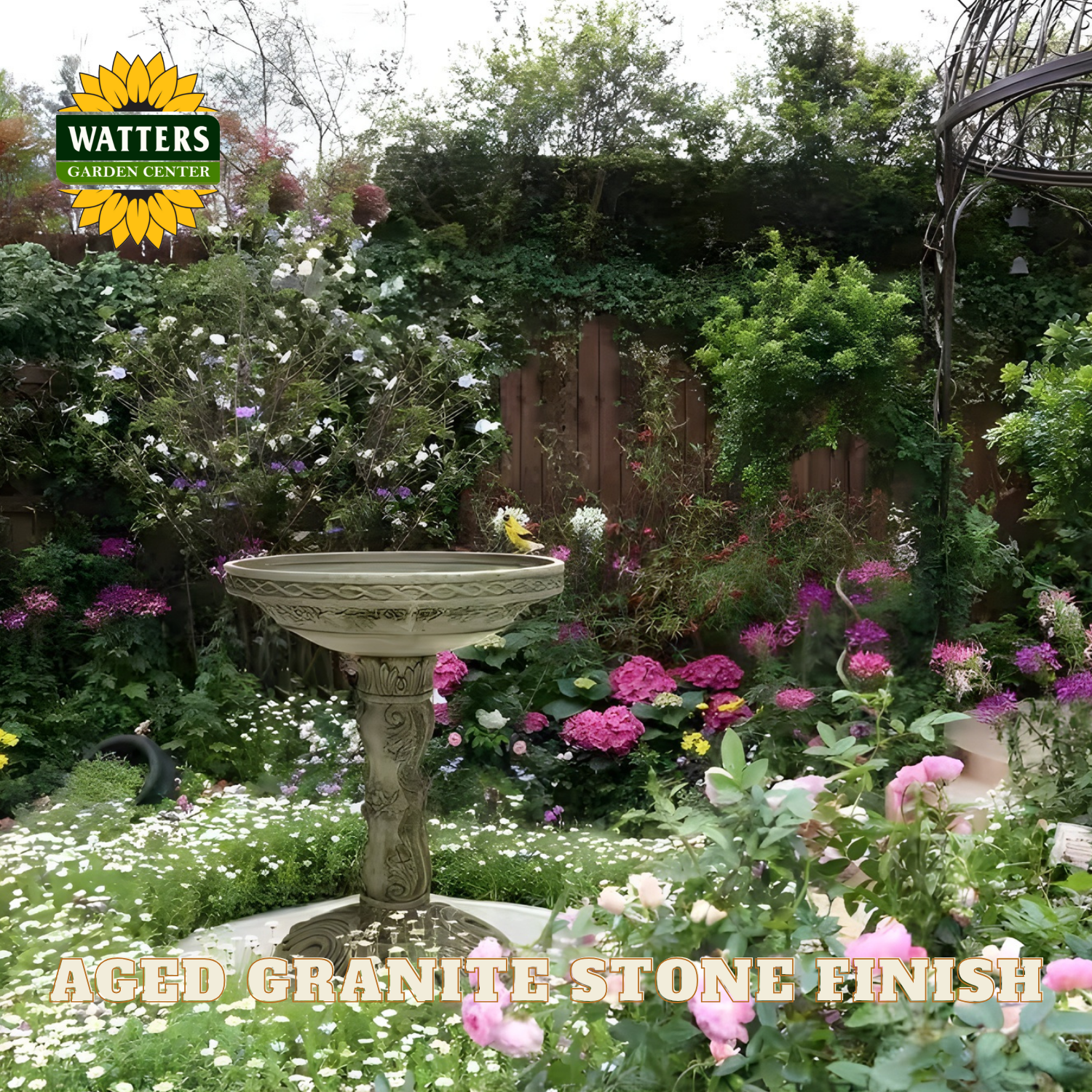 Bird bath in a garden with Watters Garden Center branding