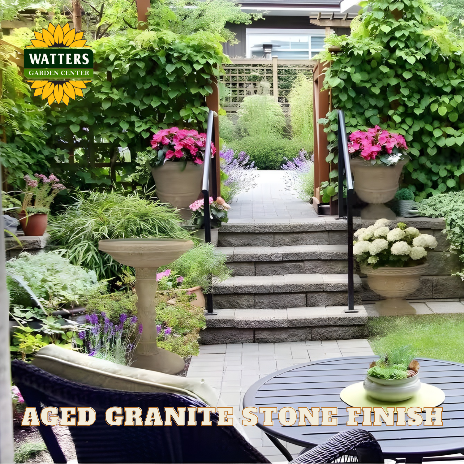 Garden scene with potted plants, stone steps, and Watters Garden Center branding.