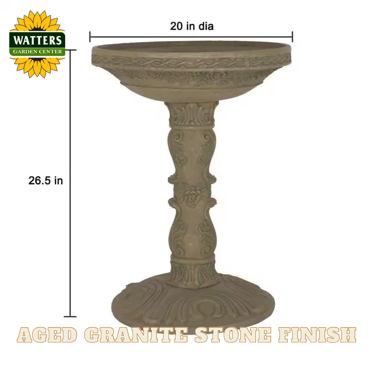 Decorative bird bath with dimensions and Watters Garden Center branding
