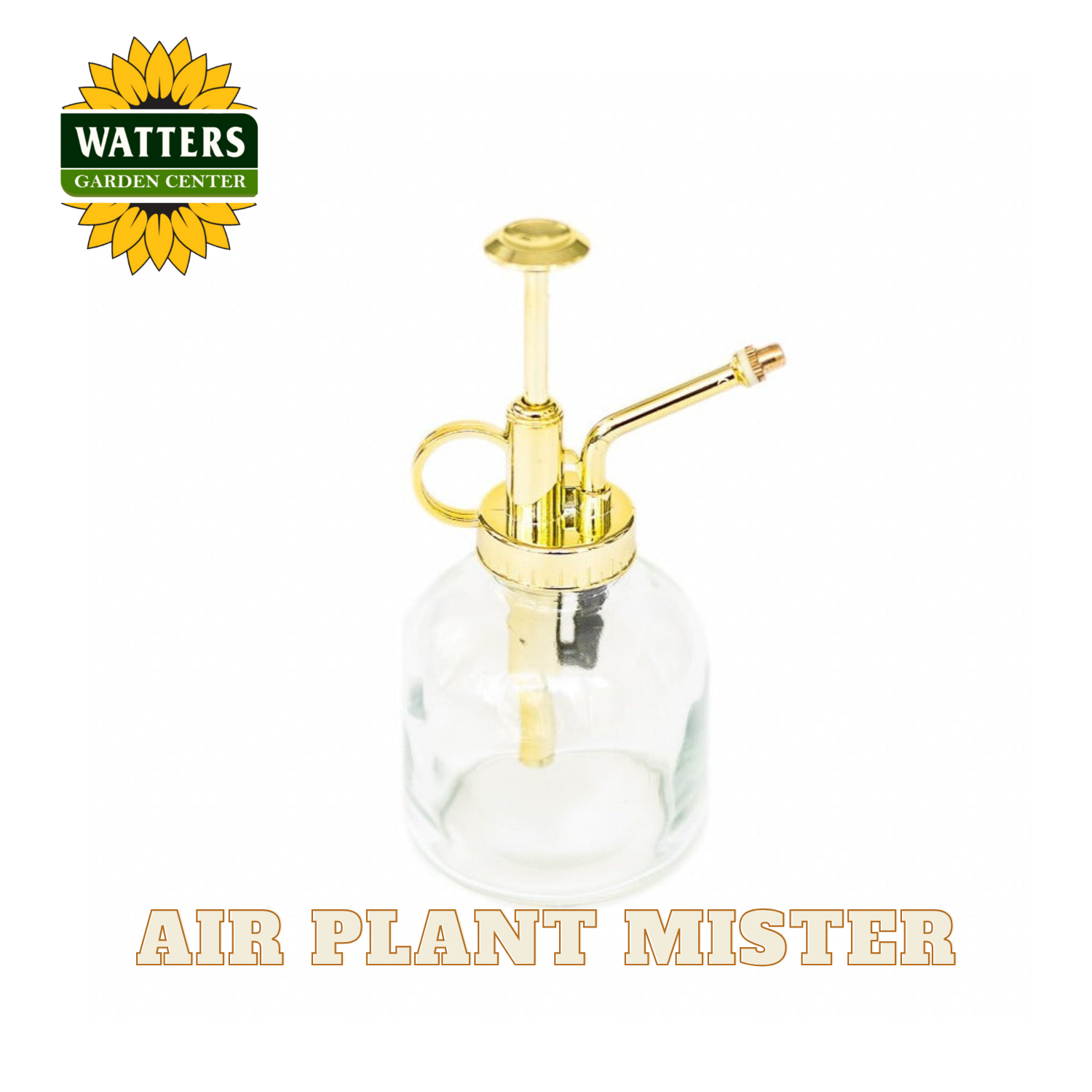 Clear air plant mister with gold nozzle on a white background, featuring Watters Garden Center logo.