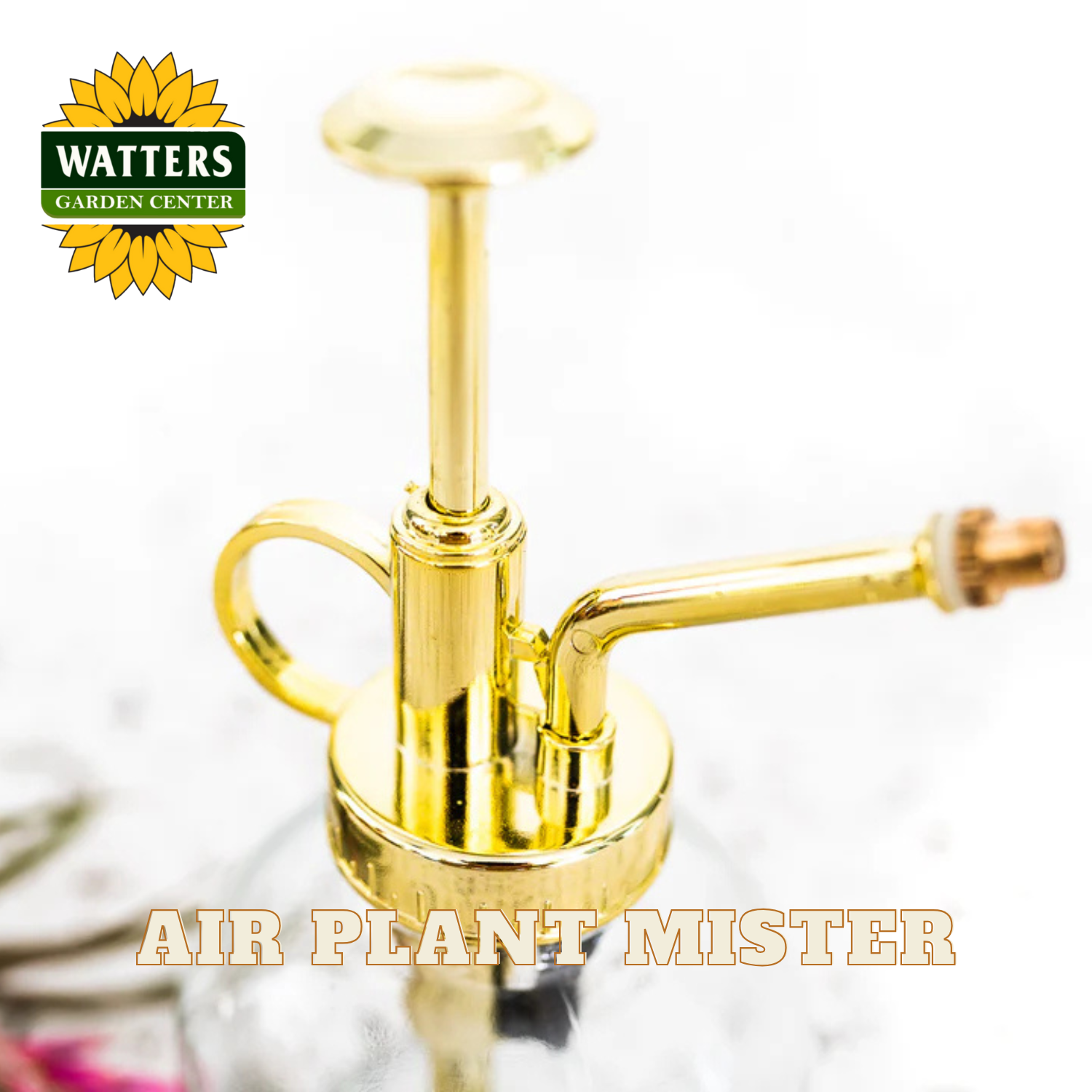 Gold air plant mister with Watters Garden Center logo on a white background