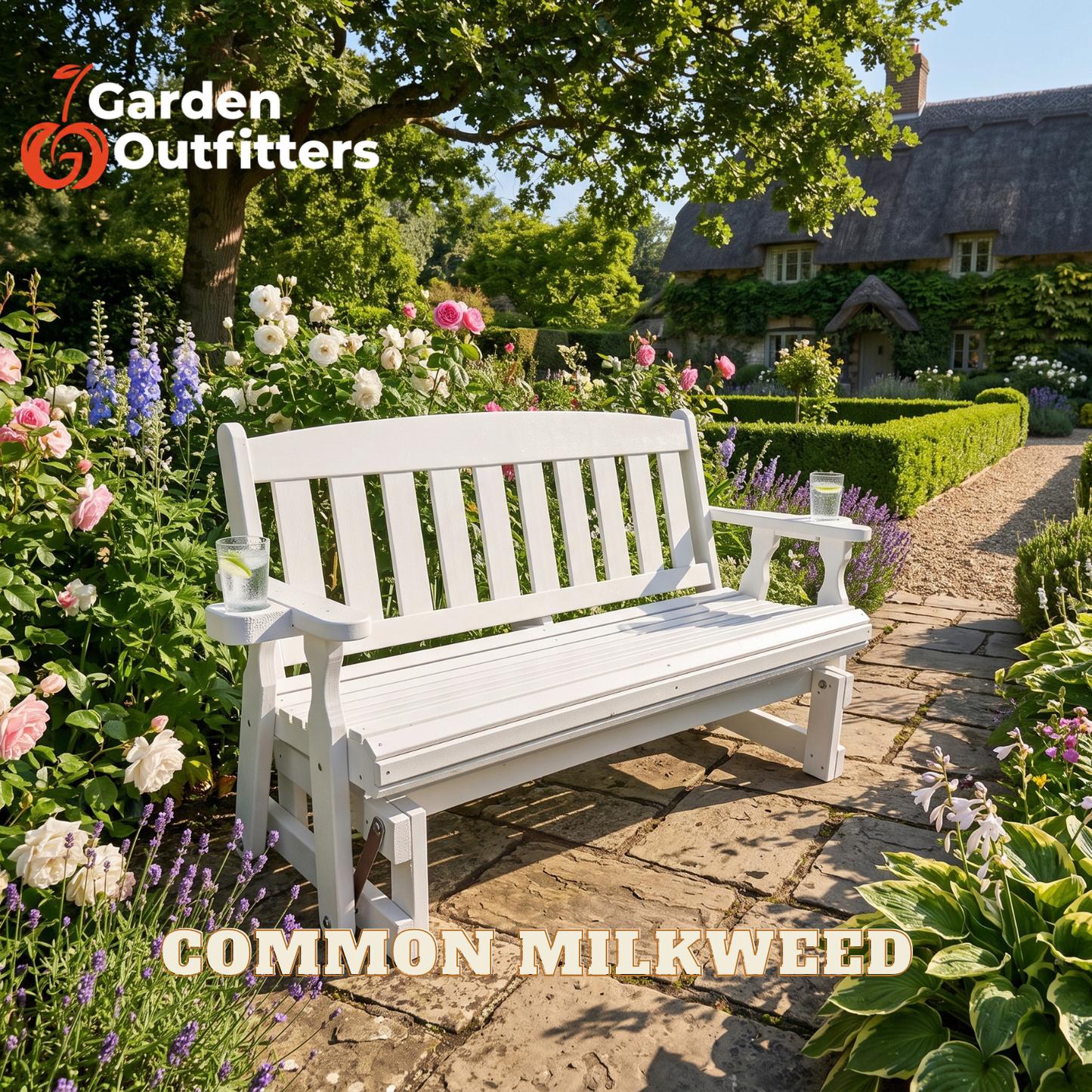 A white wooden garden bench with armrests and cup holders, set in a lush, flower-filled garden on a stone path. The text 'COMMON MILKWEED' is displayed at the bottom, and the 'Garden Outfitters' logo is in the top left corner.