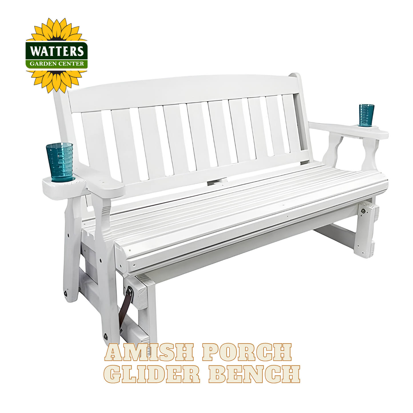 White Amish porch glider bench with integrated cup holders on both ends, shown on a plain white background with a Watters Gardens Center logo and 'Amish Porch Glider Bench' text overlays.