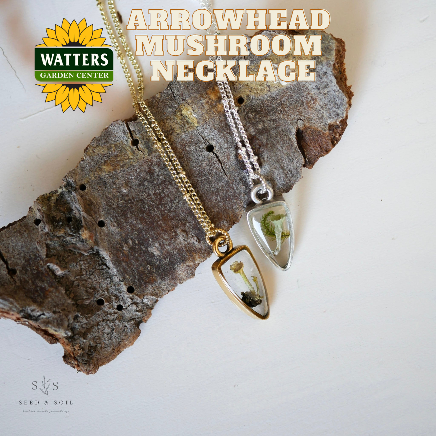 Two arrowhead mushroom necklaces on a piece of wood with Watters Garden Center logo.