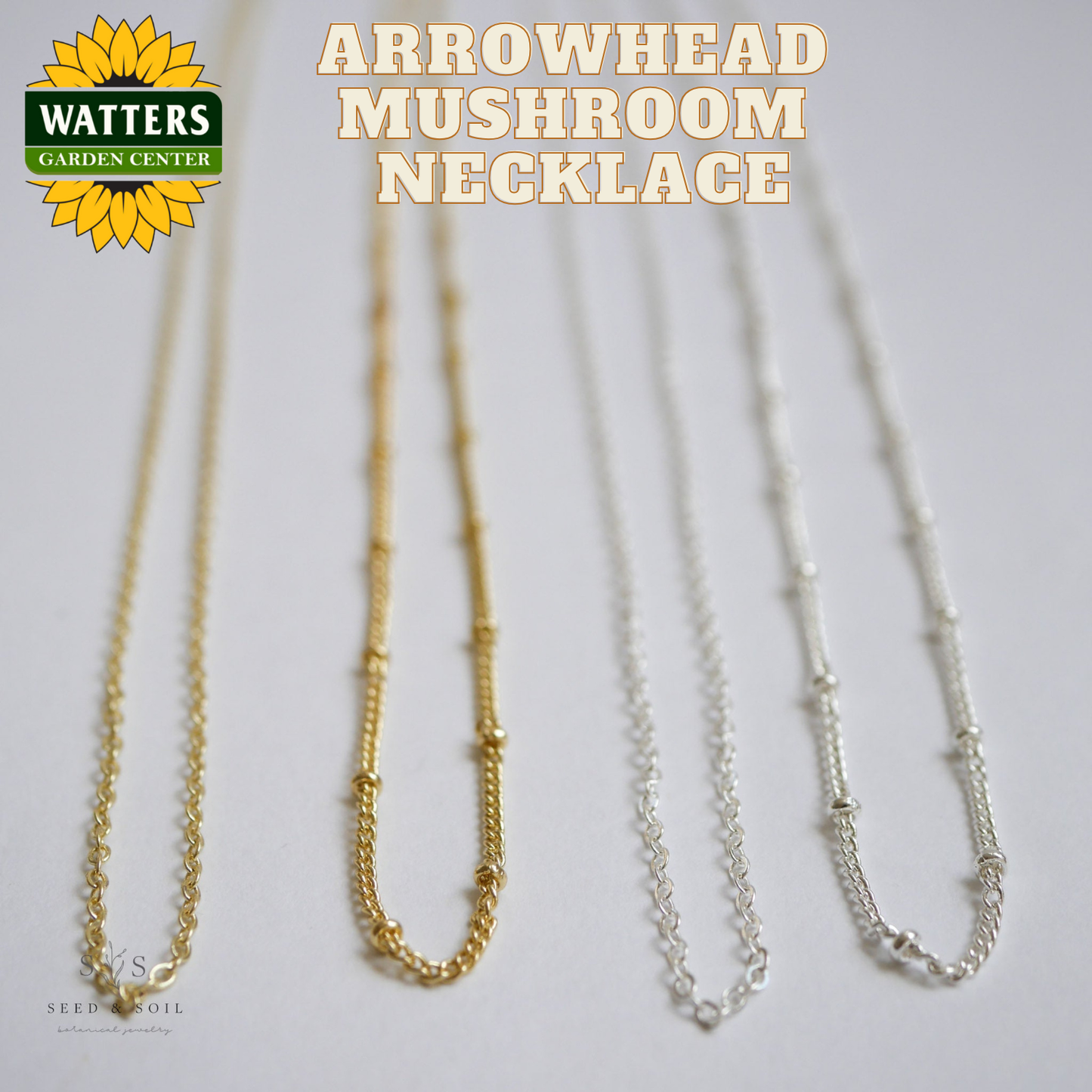 Two necklaces, one gold and one silver, on a white background with Watters Garden Center logo.