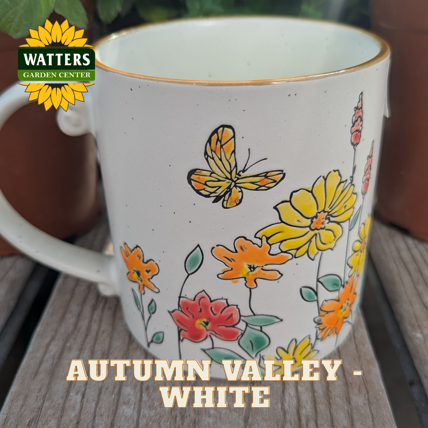 Mug with floral design and butterfly on a wooden surface, Watters Garden Center logo visible.