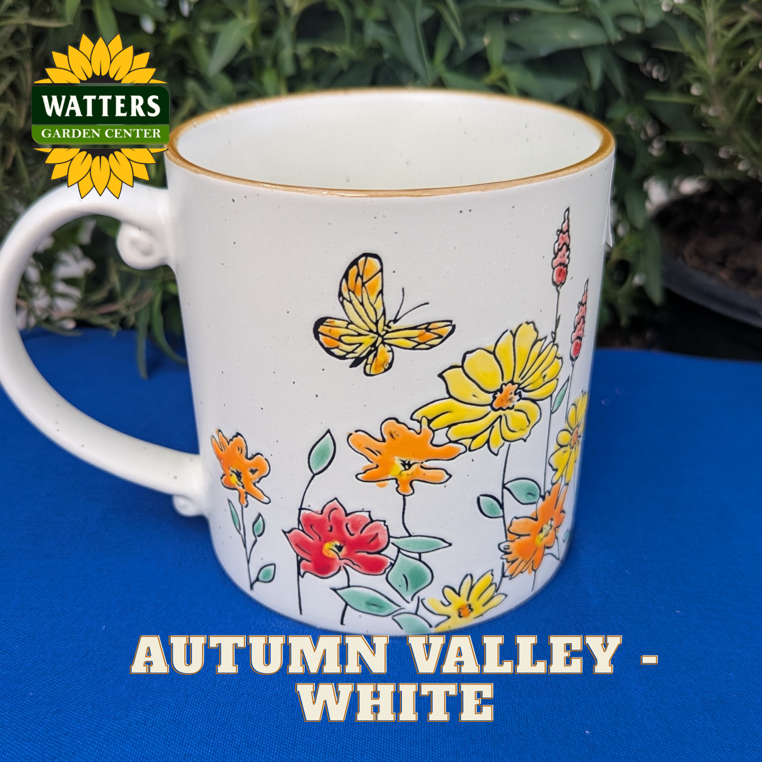 White mug with butterfly and flower design on a blue surface, featuring Watters Garden Center branding.