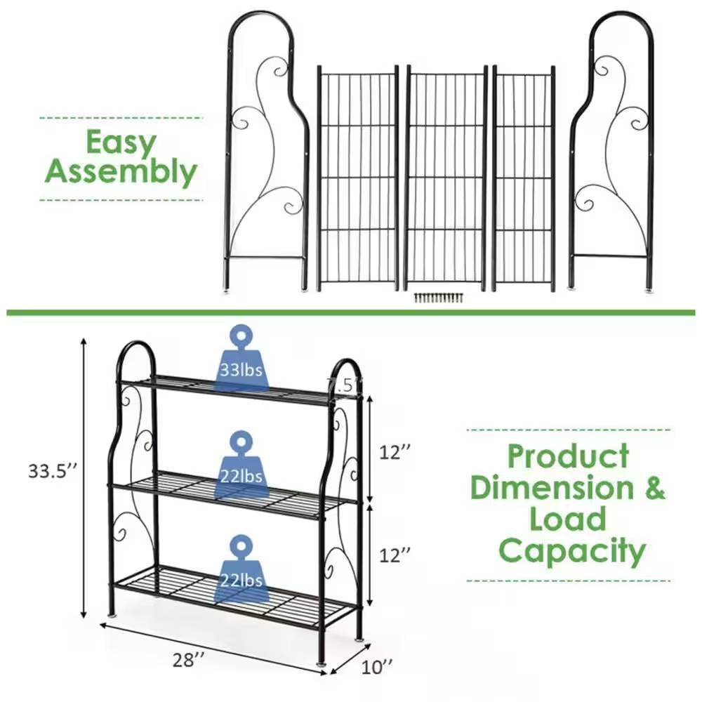Indoor/Outdoor Black Metal 3-Tier Bookcase Plant Stand Shelving Rack