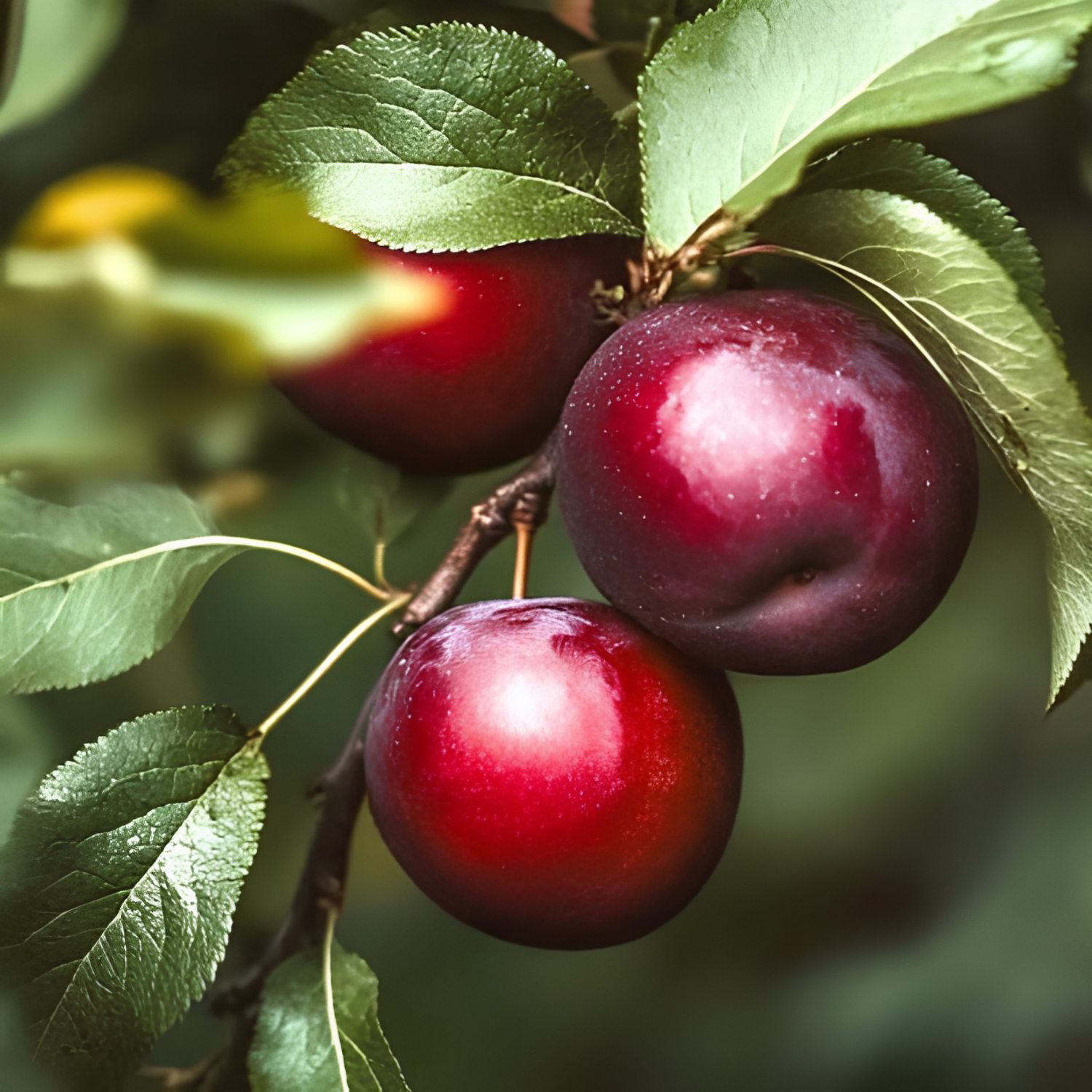 Red plums on a branch with green leaves