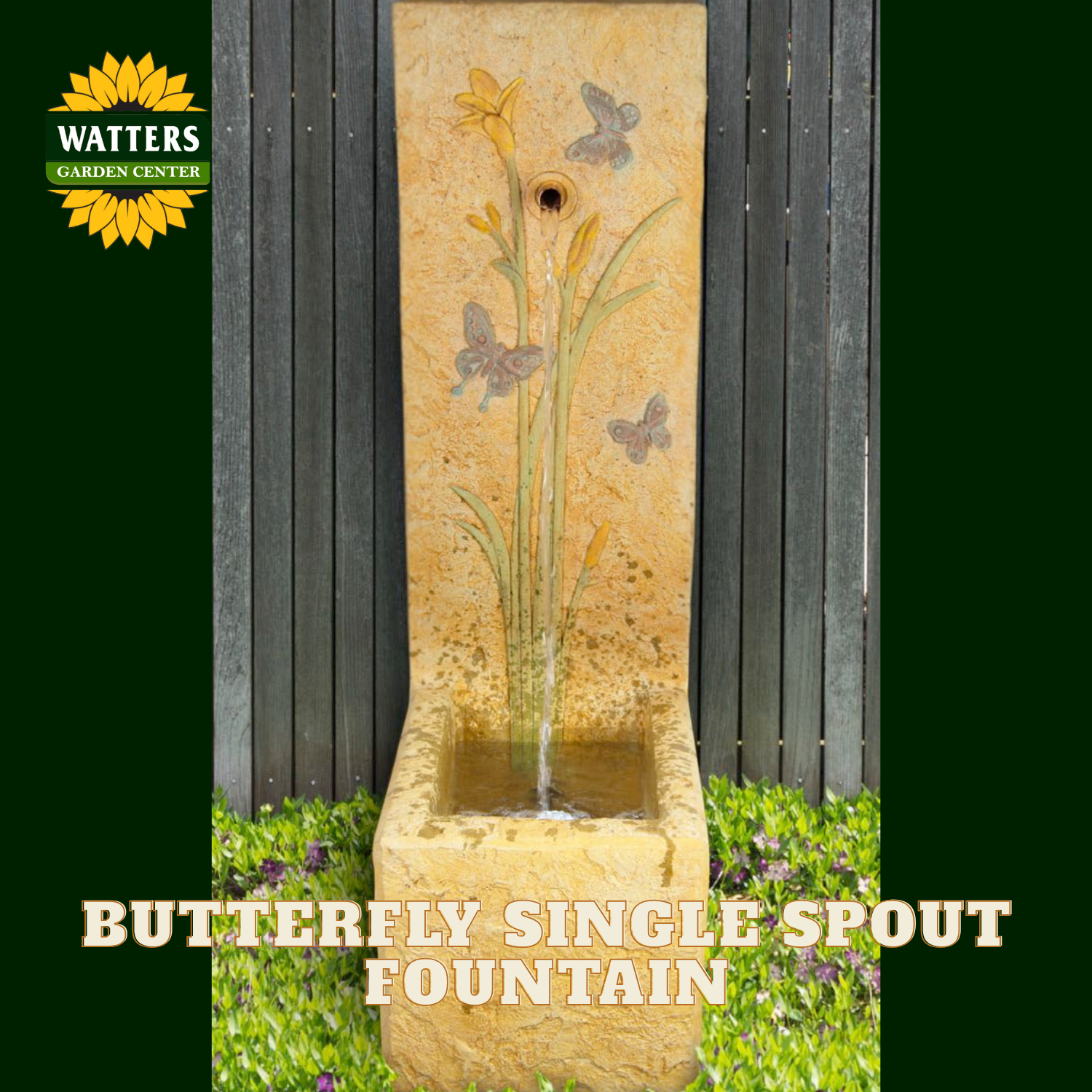 Butterfly single spout fountain made of beige stone with painted yellow flowers, green stems, and butterflies, shown outdoors between dark gray wooden posts with grass at the base. A Watters Gardens Center logo appears in the top left, and text at the bottom reads 'BUTTERFLY SINGLE SPOUT FOUNTAIN'.