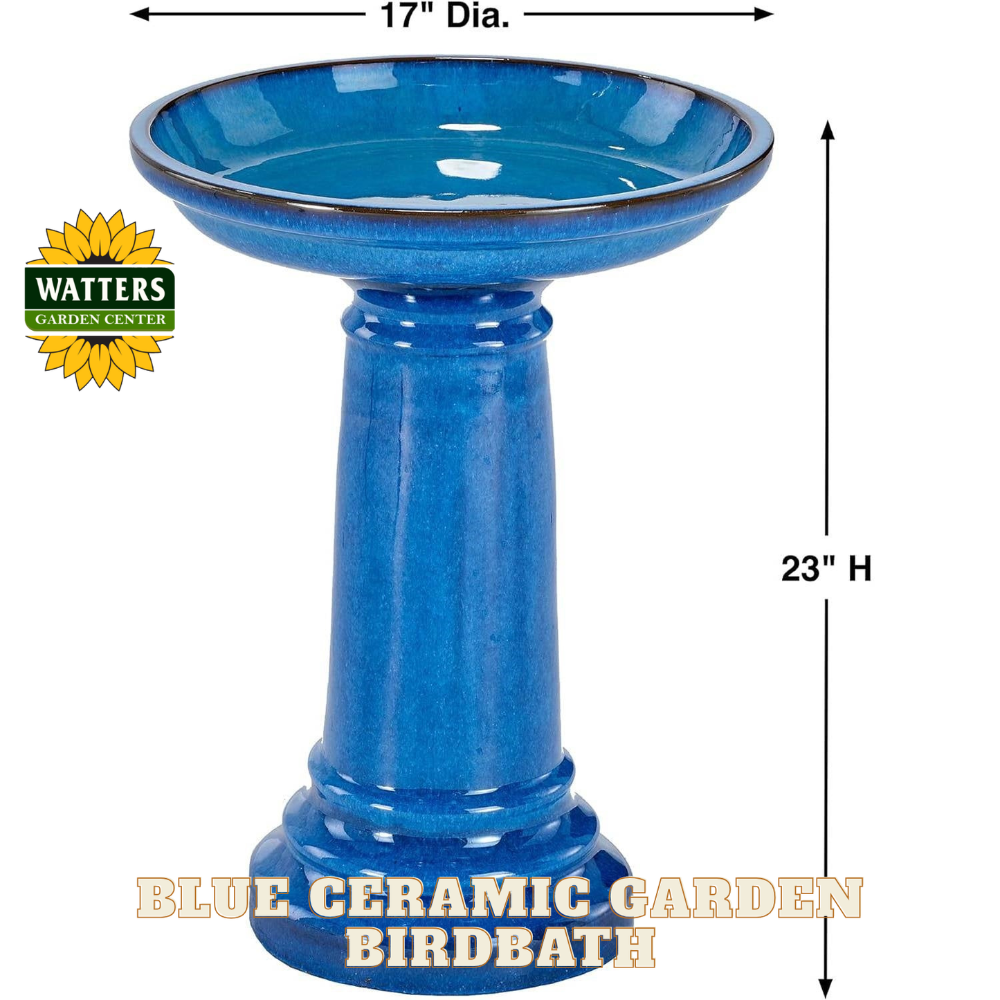 Blue ceramic garden birdbath with dimensions and Watters Garden Center logo.