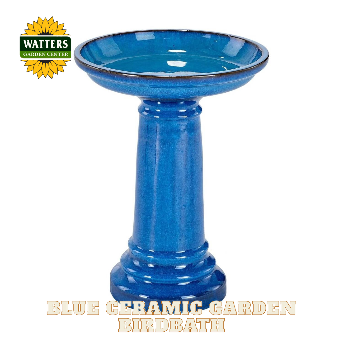 Blue ceramic garden birdbath with Watters Garden Center logo.