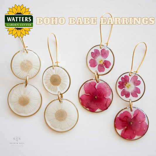 Boho Babe earrings with floral design on a white background, featuring Watters Garden Center branding.