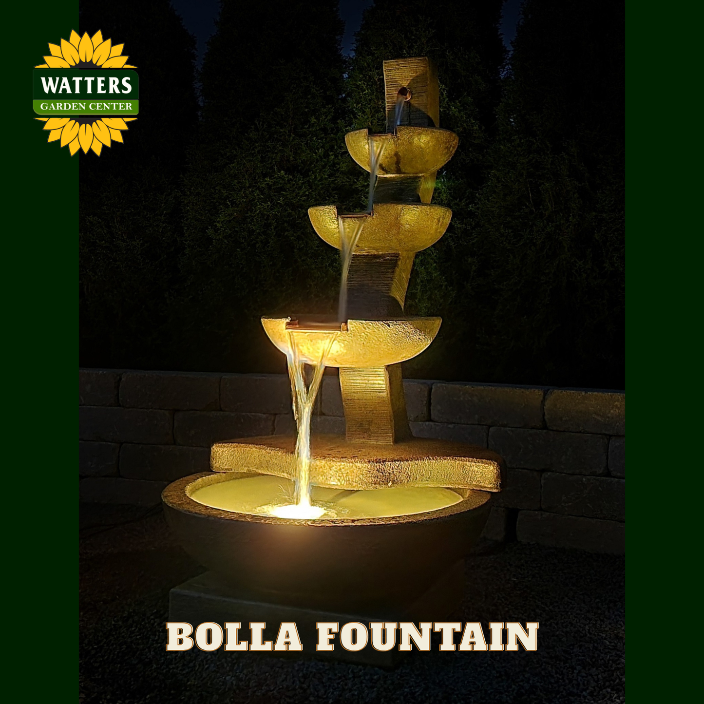 Tiered fountain in a garden at night with Watters logo.