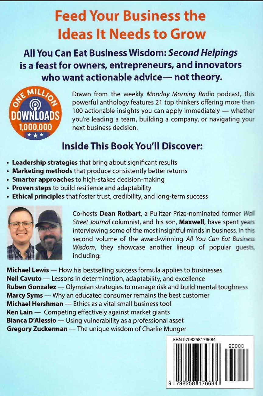 Back cover of a book titled 'All You Can Eat Business Wisdom: Second Helpings' with a list of contributors and promotional text.