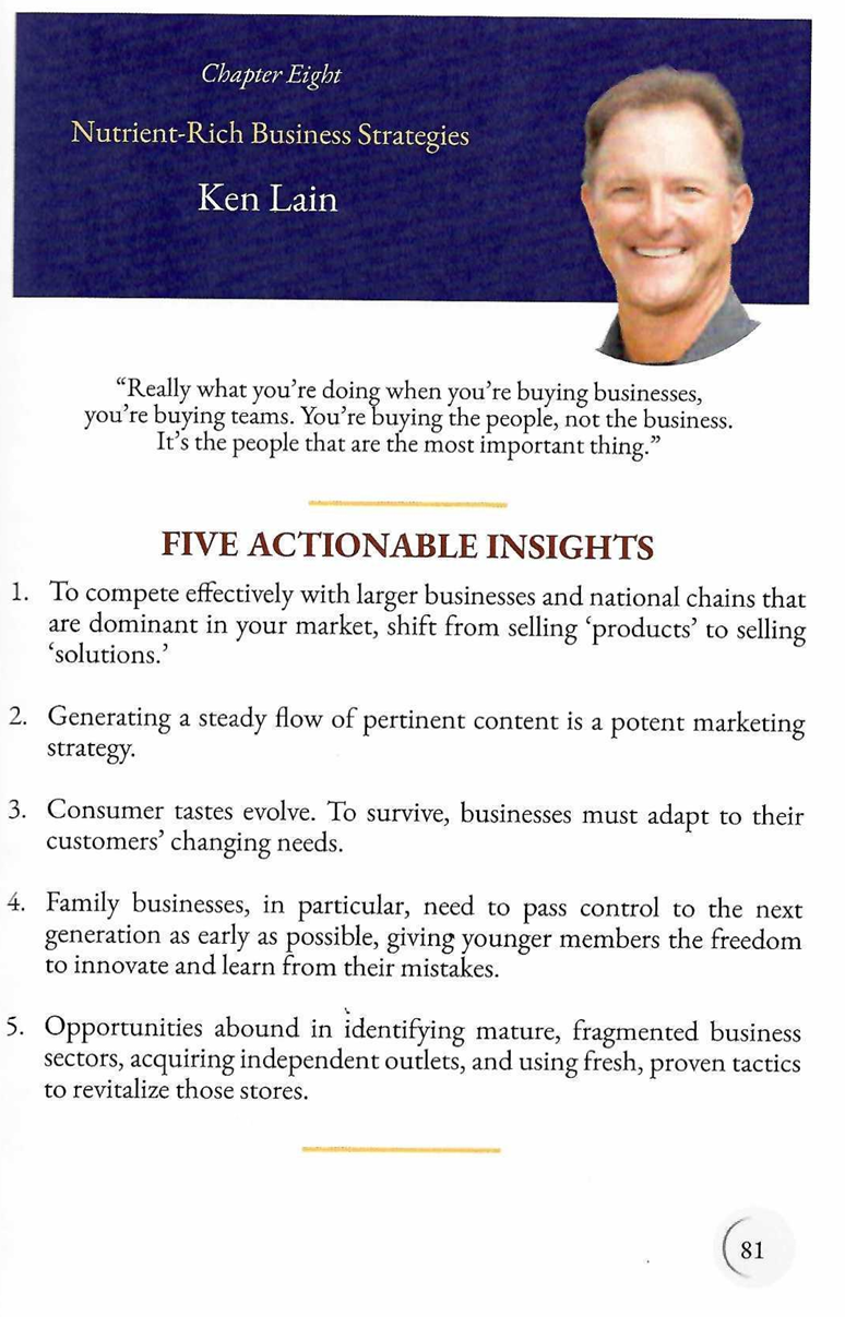 Page from a book titled 'Nutrient-Rich Business Strategies' by Ken Lain, featuring a quote and actionable insights.