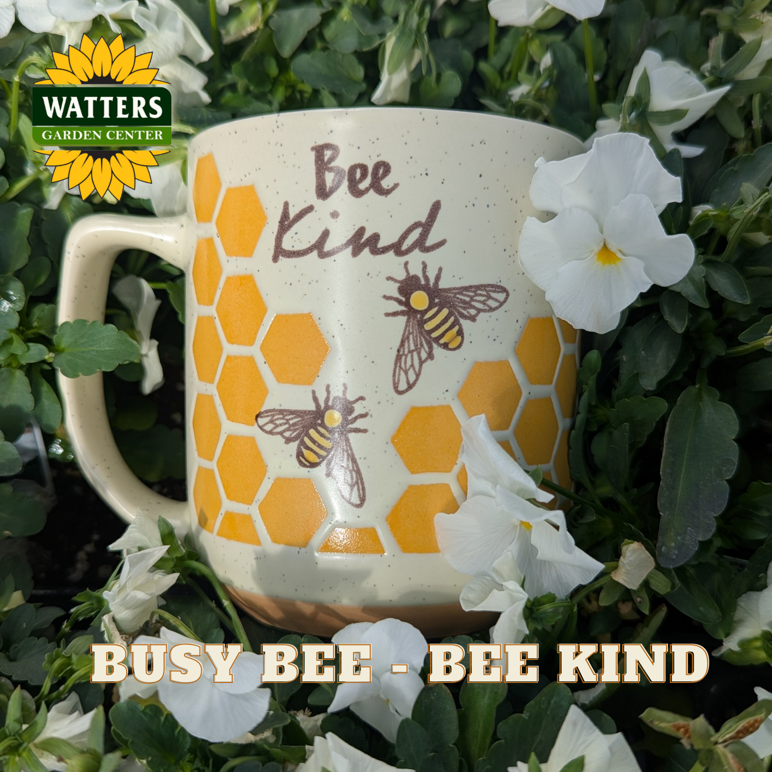 Mug with bee design and 'Bee Kind' text, surrounded by flowers and greenery, with Watters Garden Center logo.