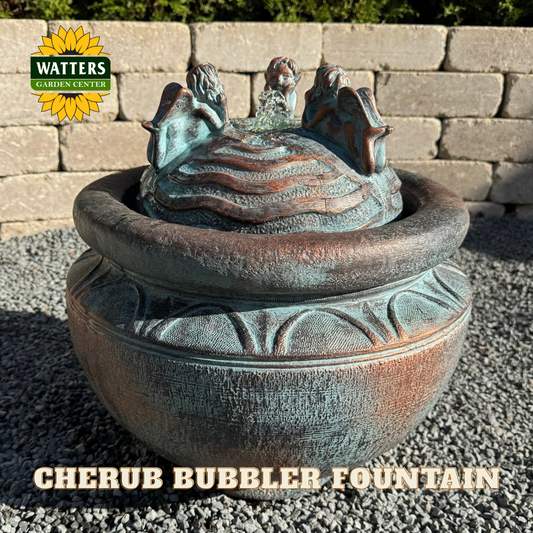 Cherub bubbler fountain with Watters Garden Center logo in the corner