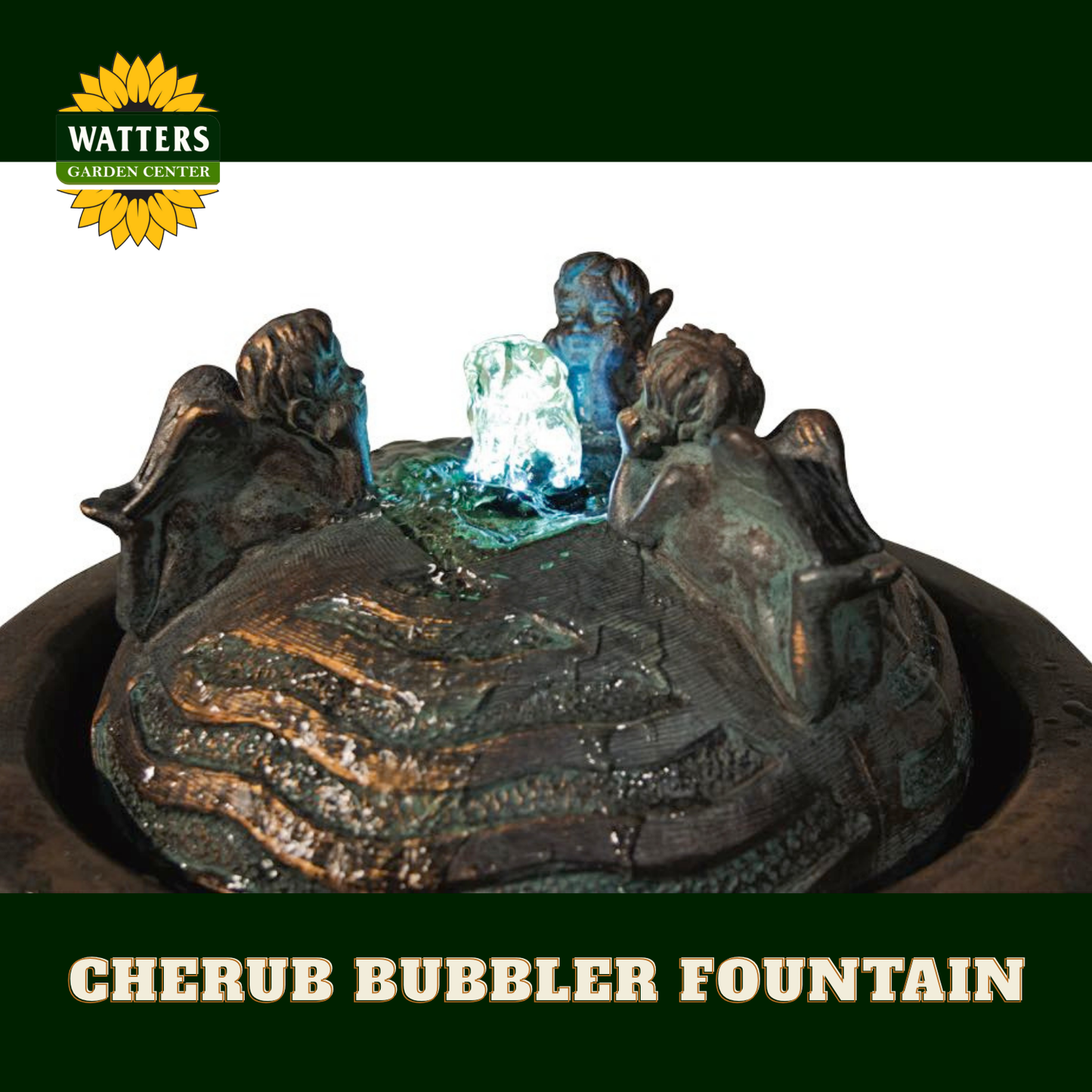 Cherub bubbler fountain with Watters Garden Center logo