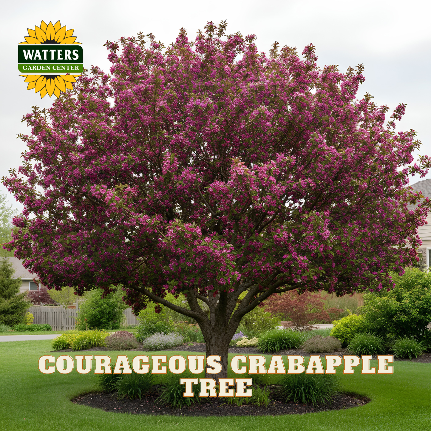 A large flowering crabapple tree in full bloom with dense pink-purple blossoms, planted in a landscaped lawn with grass, shrubs, and a house visible in the background. A Watters Gardens Center logo appears in the top left, and the text 'COURAGEOUS CRABAPPLE TREE' is overlaid at the bottom.