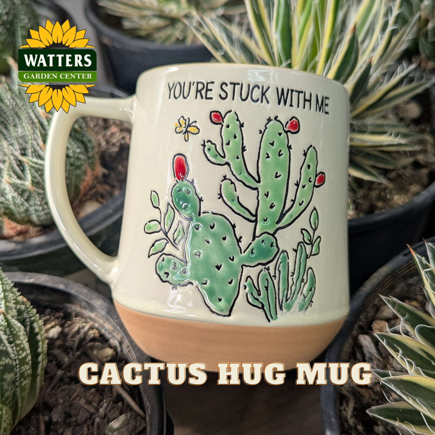Cactus-themed mug with cacti in the background, featuring Watters Garden Center logo.