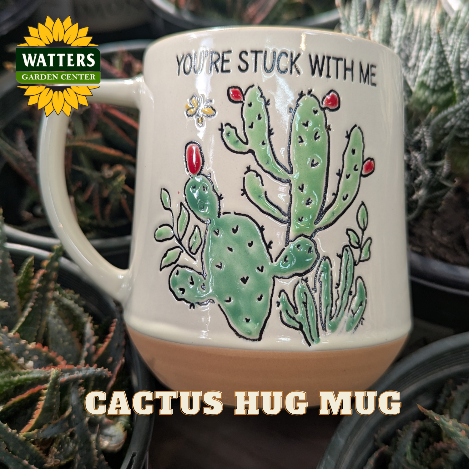 Cactus-themed mug with cacti illustration and text, surrounded by plants, with Watters Garden Center logo.