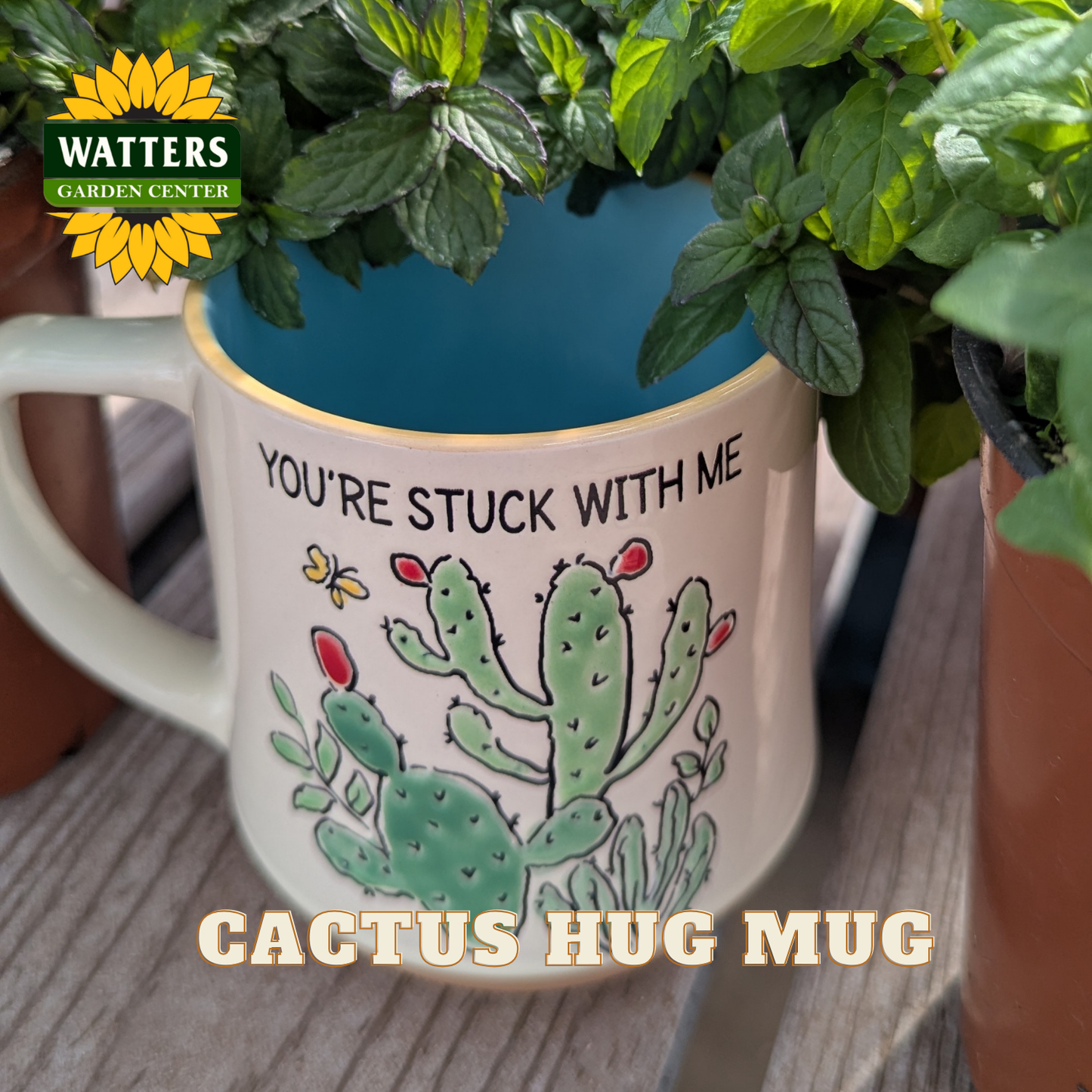 Cactus-themed mug with text and Watters Garden Center logo