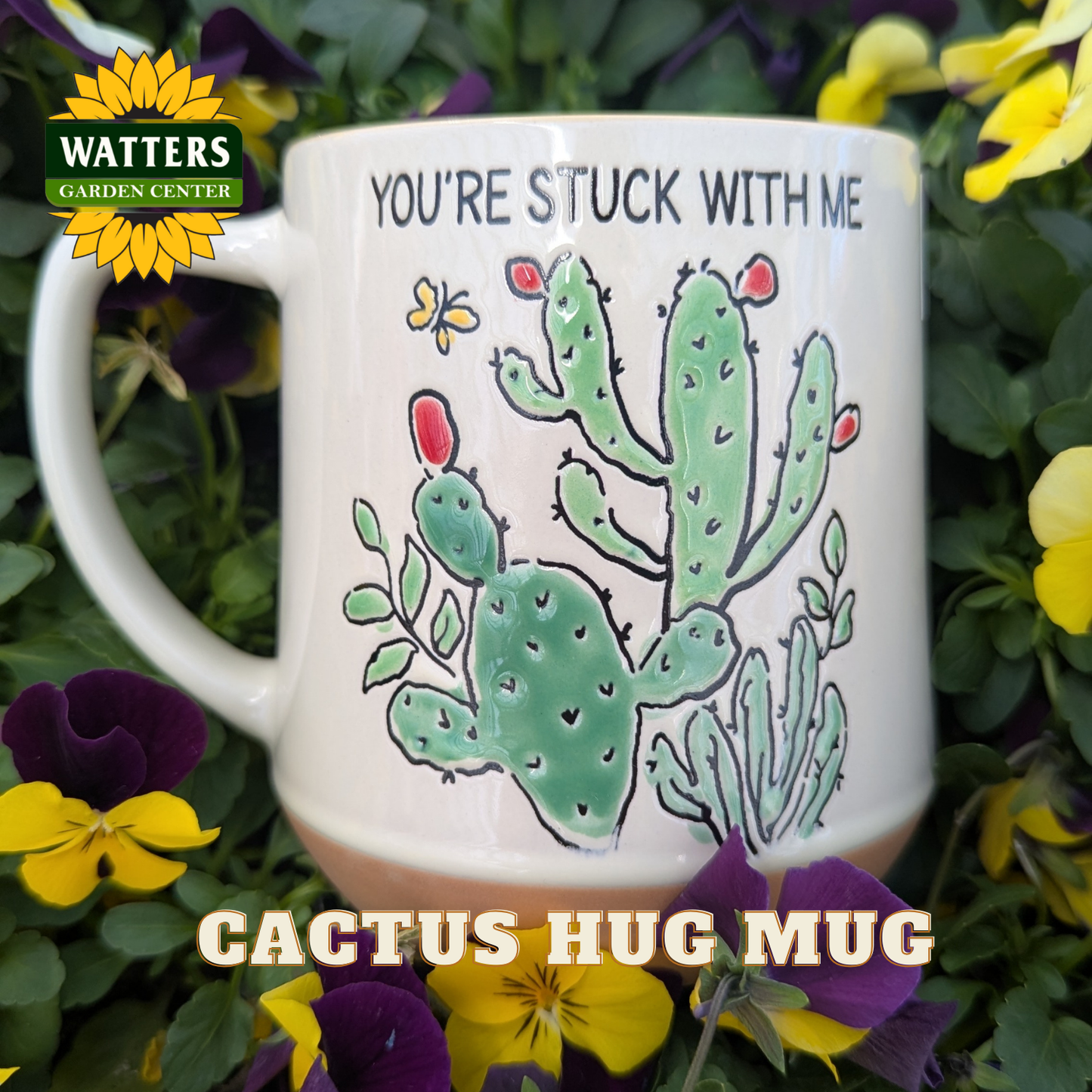 Cactus-themed mug with cacti illustration and text, surrounded by flowers, with Watters Garden Center logo.