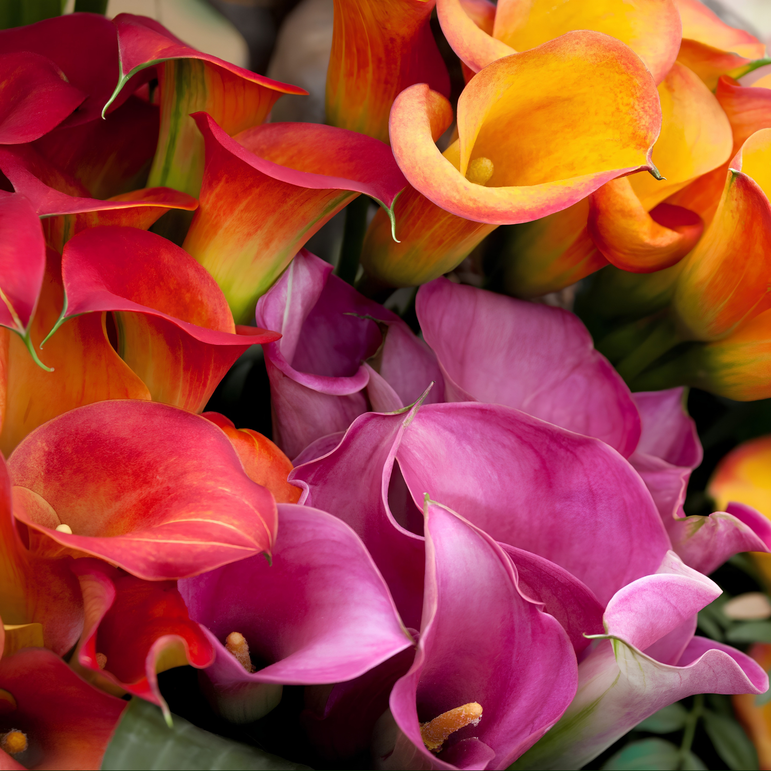 Bouquet of colorful calla lilies including pink, orange, and red.