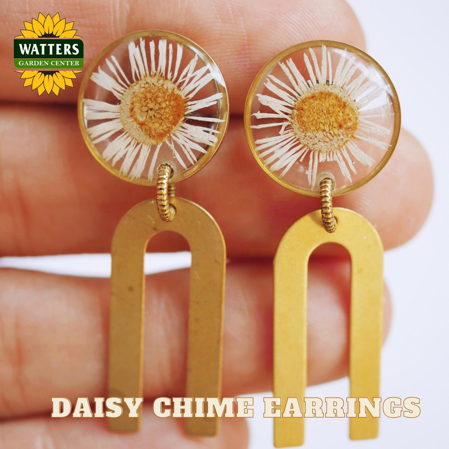 Daisy chime earrings held between fingers with Watters Garden Center logo.