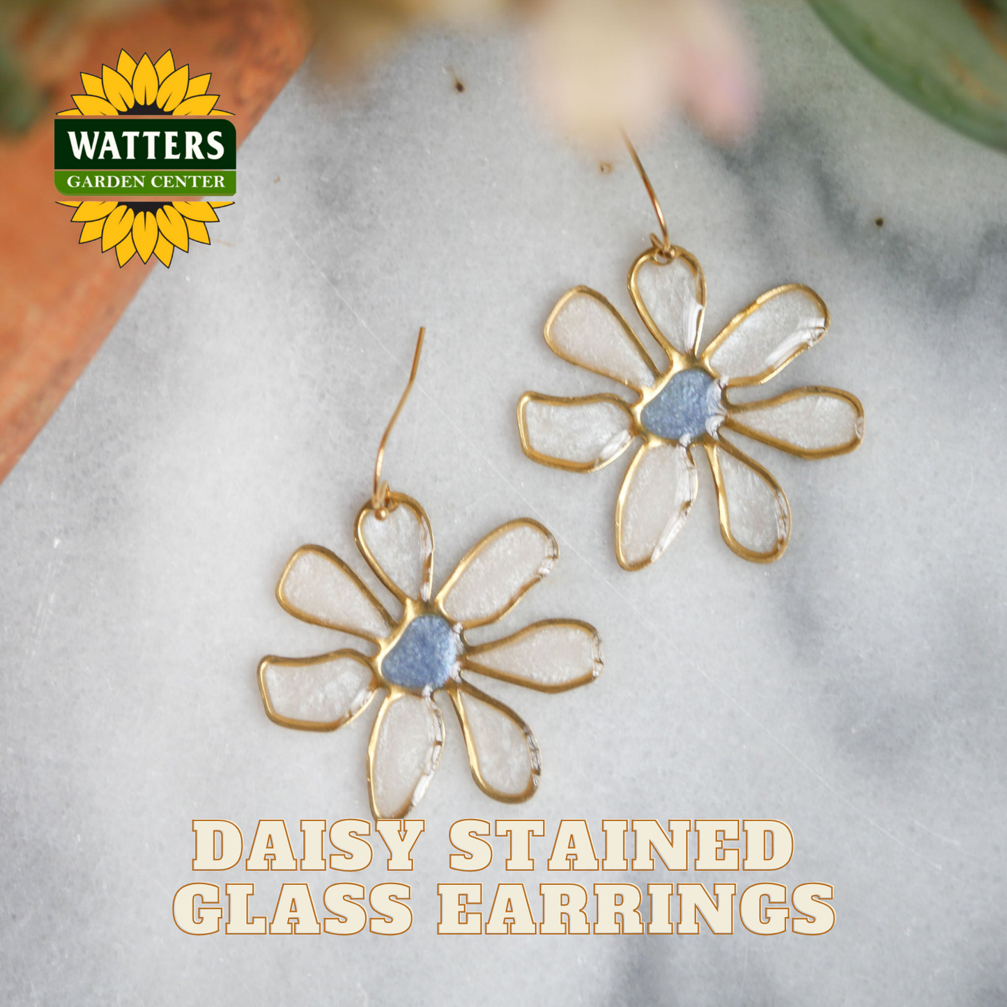 Daisy stained glass earrings with Watters Garden Center logo on a textured surface.